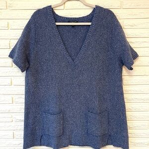Eileen Fisher Sweater 1X Silk Wool Tunic Short Sleeve V-Neck Pockets Pullover